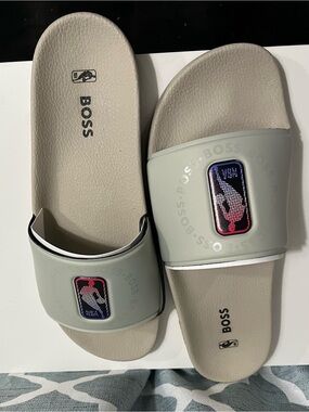 Hugo Boss Light Gray Slide Sandals with NBA Red & Blue Logo Patch